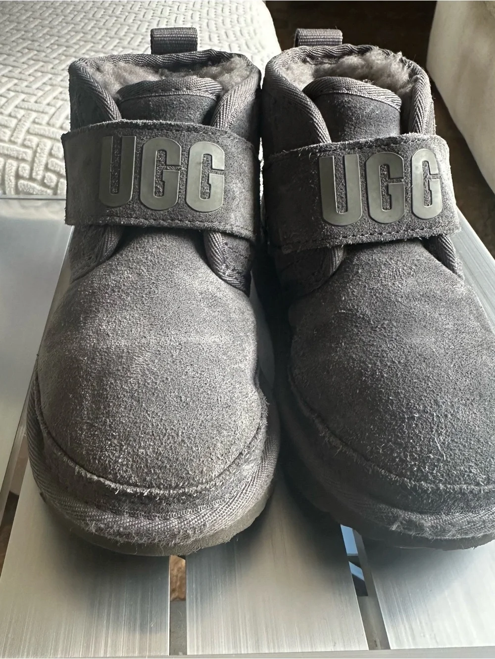 UGG Kids Charcoal Gray Suede Shearling Strap Slippers